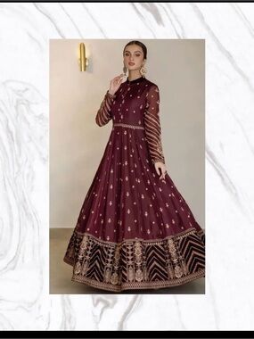 Iznik Pakistani Women's Long Sleeve Maroon Embroidered Anarkali Dress